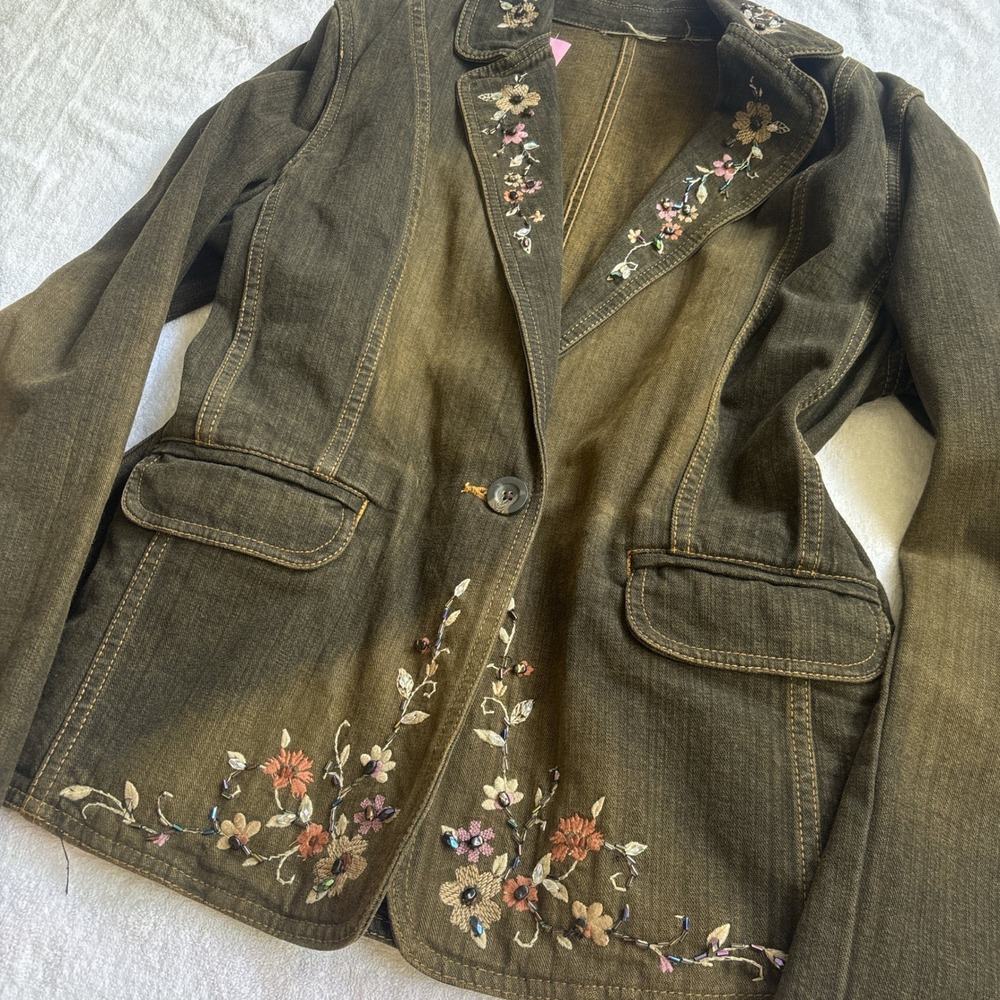 Vintage Floral Embroidered Denim Blazer Olive Brown Beaded Boho Jacket
